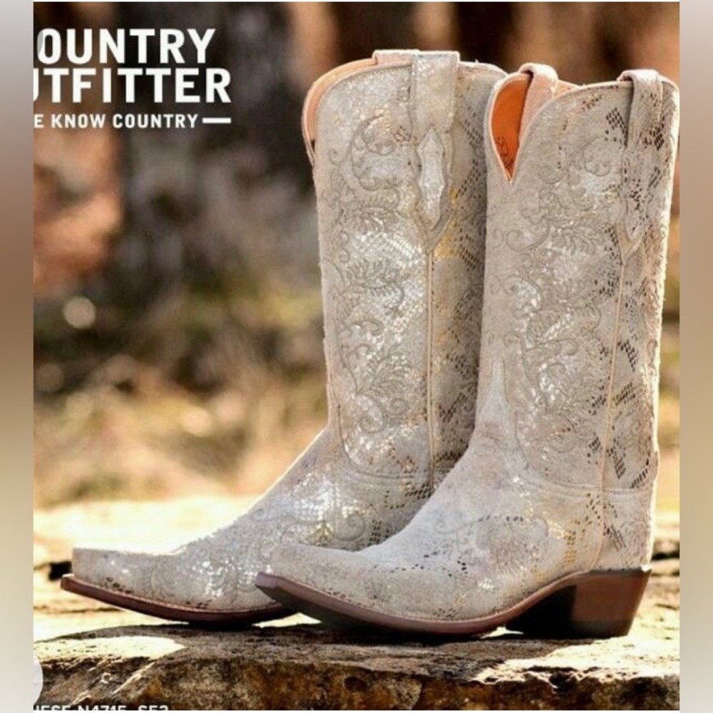 Lucchese Women's Gold Sparkle Stone Python Print Cowboy Boots N4715 Size 8.5 B